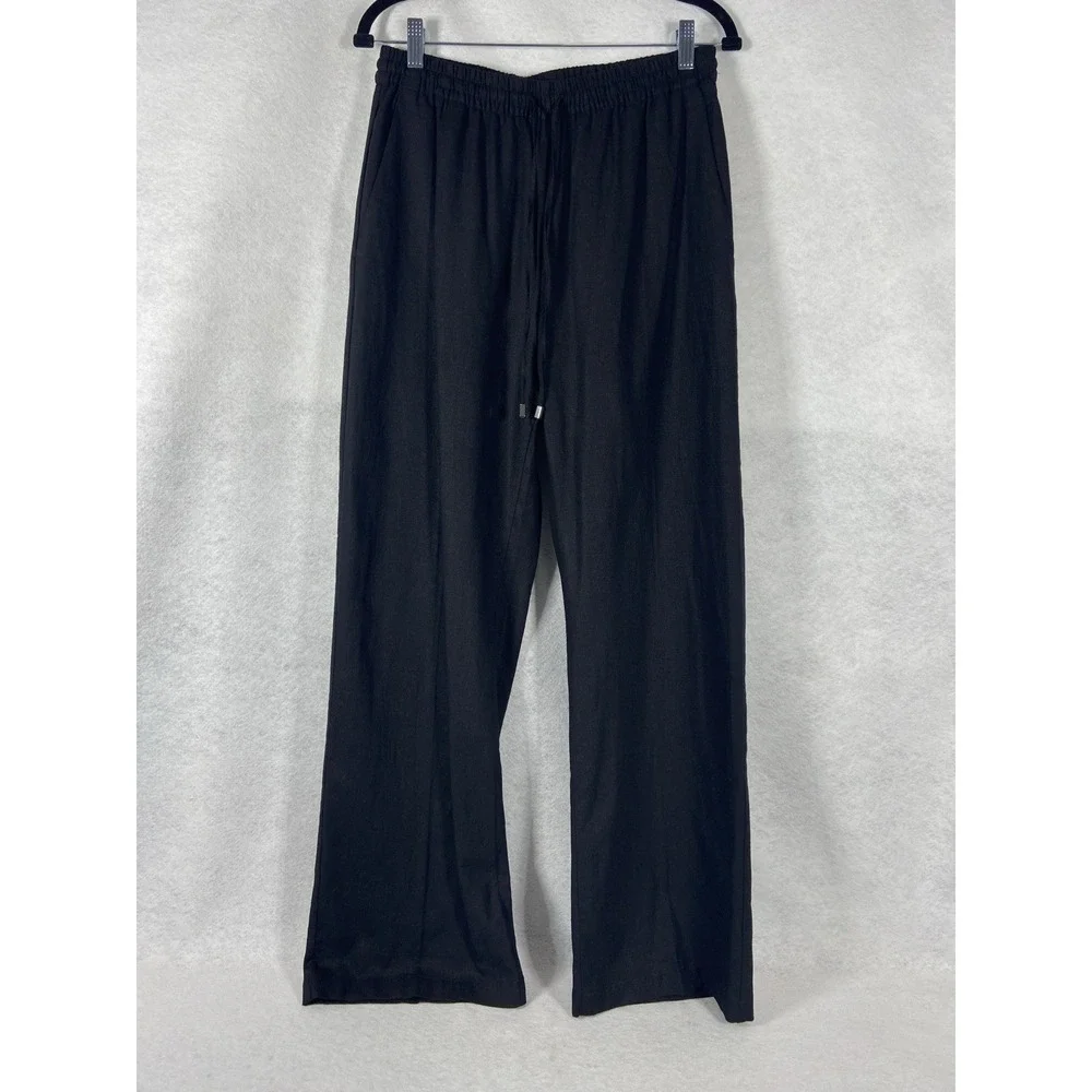 Zara Pants Womens Large Black Straight Leg Drawstring Linen Blend New